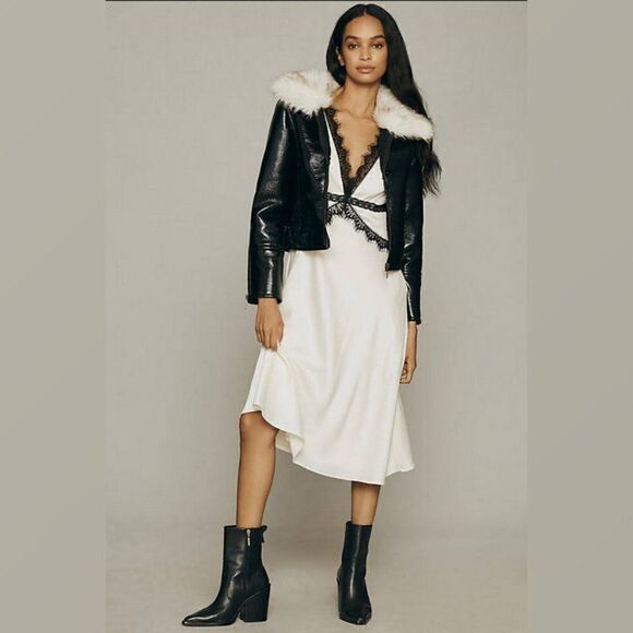 UNREAL FUR Vegan Leather Aviator Bomber Jacket Faux Fur Collar Full Zip Coat XL - Picture 3 of 15